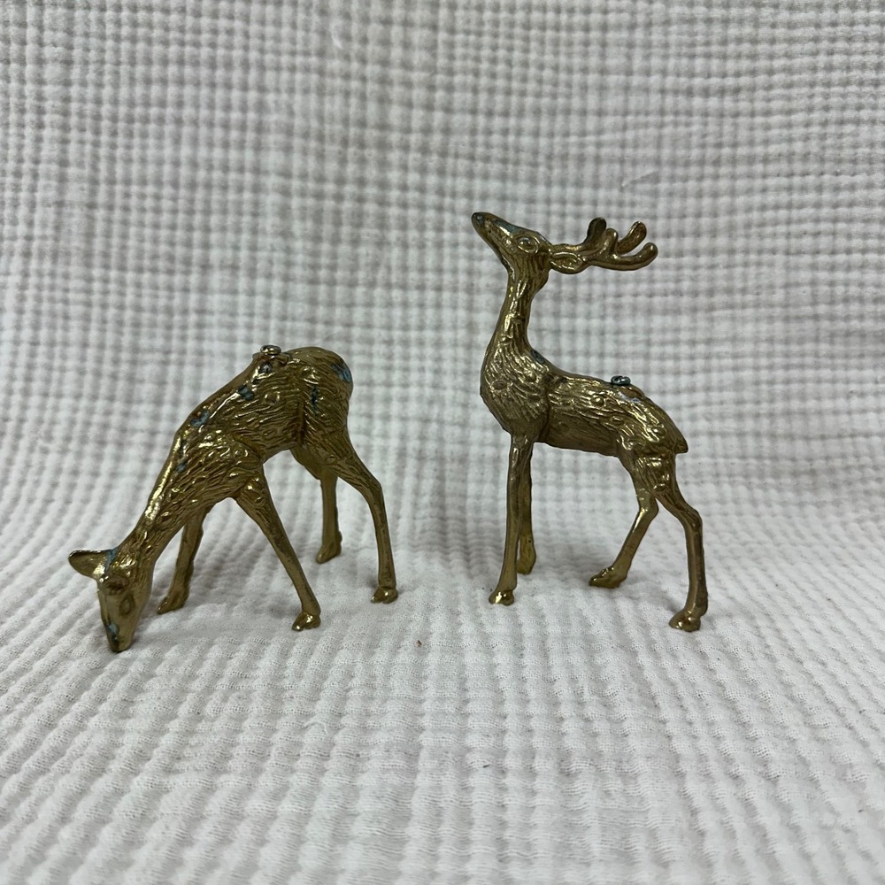 Brass Deer Figures Doe And Buck Figurines 4" Doe 5" Buck Vintage Brass Set